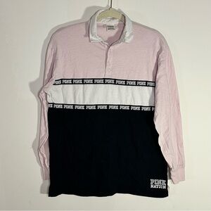 Victoria’s Secret PINK Rugby Shirt Long Sleeve Colorblock Pink w Black S Logo
